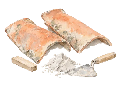 瓦と木片と補修用こてを描いた建物保存の概念画