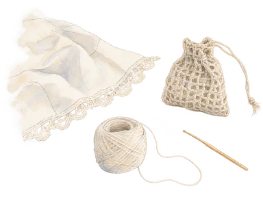 細い糸のレース端と編み袋を描いた手仕事の概念画、特定作品の模写ではない