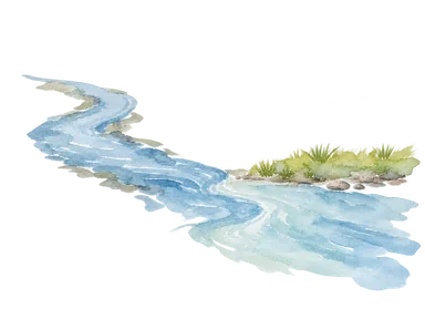 川と岸辺の草で合流する土地を示す概念画