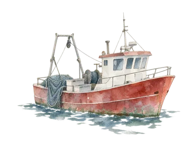 小型漁船と網・魚箱で表した水産の仕事の概念画。特定の船、港区画や常設魚市場の実景ではありません