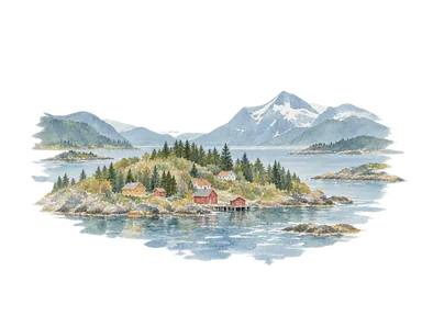 島の斜面、家並み、海峡と山を表した北ノルウェーの都市地形の概念画。トロムソの正確な地図や実在建築ではありません