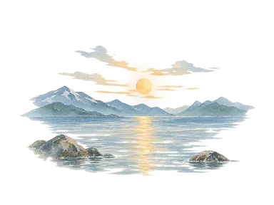 山並みと海の上の低い太陽で白夜を表した概念画。特定日時や地点での実景、オーロラの出現を示す絵ではありません