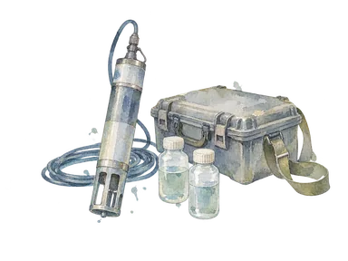 採水器、試料瓶と機材ケースによる極地研究の準備の概念画。研究所が実際に使用する機器や調査地点の記録ではありません