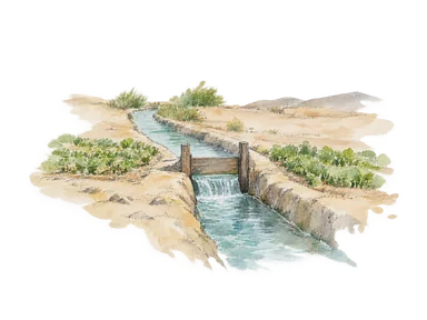 水路、簡素な水門と遠い畑で水の供給を示す概念画。チャビモチクの実設備、完成範囲や正確な流路を再現していません