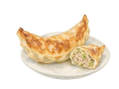 大きな揚げぎょうざを皿に載せた津ぎょうざの概念画
