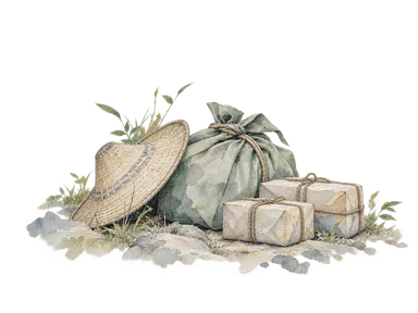 旅の荷物と商いの包みを組み合わせた街道交易の概念画