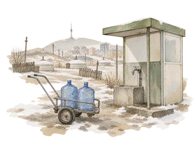 給水所と水を運ぶ手押し車を描いた暮らしのイメージ