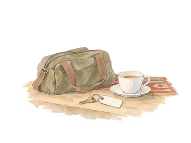 宿泊や飲食の仕事を表す荷物と食器の概念画