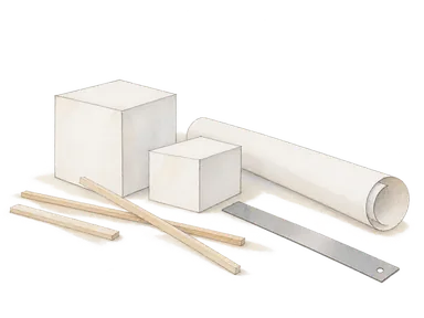 模型用の紙と角材を描いた建築の学びの概念図。大学の建物や作品ではない