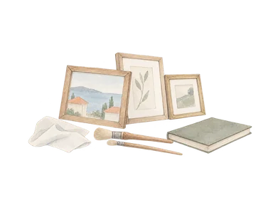 無地の額と絵筆、細部を描かない海と屋根の小さな一般風景画による収蔵活動の概念水彩。所蔵作品の複製ではない