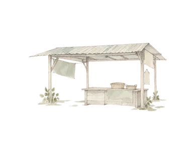 屋根のある小さな市場と買い物籠を描く概念水彩。特定市場の外観や商品の種類を断定しない