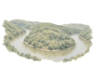 実写真を参照したヴェリコ・タルノヴォ市内のヤントラ川の曲流と樹林の水彩。橋・建物・記念碑を省き、地形の一部だけを描いている。