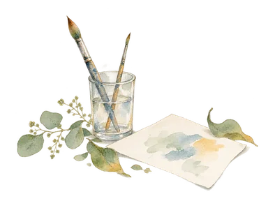 絵筆、無地の紙と小さな庭の葉を描いた滞在制作の概念画。実在作品は再現しない