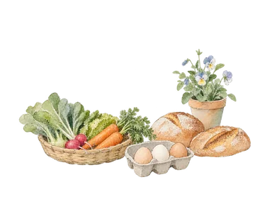 野菜、卵、パンと鉢植えを並べた市場の概念画。特定の露店配置ではない