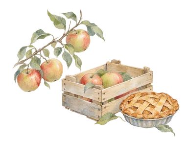 リンゴの枝と木箱、パイを描いた果樹園と食品づくりの概念画