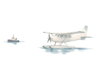 水面に浮かぶ一般的な水上機と小舟の概念画