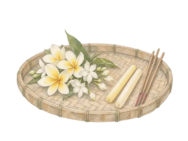 花、ろうそくと線香を載せた一般的な材料の概念画。寺院、仏像や特定の儀礼用供物の再現ではありません