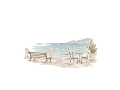 ベンチと小さなカフェの卓を描いた沿岸の暮らしの概念画
