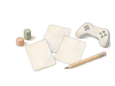 無記入の試作用カードと抽象駒、コントローラー、鉛筆でゲーム制作の学びを表す概念水彩。学生の実作品や大学設備の再現ではない。