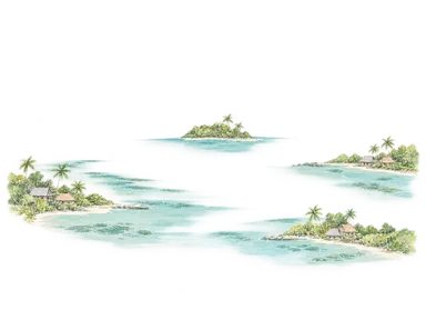 潟の内側に低い島と三つの小さな村のまとまりを置く地理の概念画。実際の島の輪郭、地区境界、村や道路の配置を表す地図ではありません