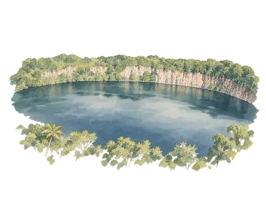 LymLogの2018年画像を参考にしたラロラロ湖の部分景。円形の暗い水面、奥の崖と森、手前の植生を残し、湖全体や見えない岸を補っていません