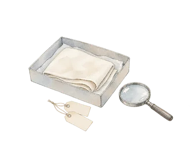 資料箱や布、拡大鏡で博物館の保存作業を表す概念画。実際の収蔵品の再現ではありません。