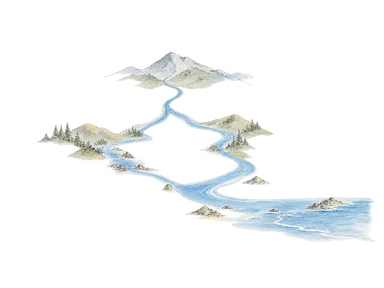 山から支流、海へ続く川のつながりを表す概念画。実際の地図ではありません。