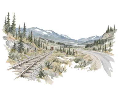 古い線路と一般的な道路で交通の変化を表す概念画。実際の鉄道・道路の並びや現行の旅客列車運行を示すものではありません