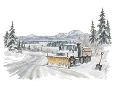 一般的な除雪車と雪かき道具で市の冬の道路管理を表す概念画。市の実車や当日の作業場面ではありません