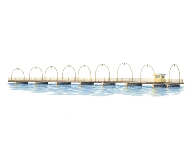 実写真を参考にクイーン・エマ橋の低い橋面、浮体、淡いアーチを省略した水彩。通行状態や全支柱数の現況図ではない