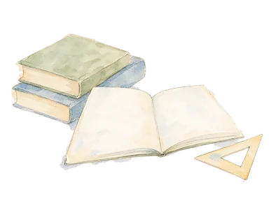 講義と図書館の学びを表す本と製図用具の概念画