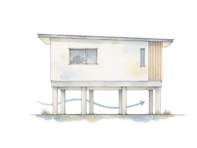 柱で持ち上げた一般建物と床下の空気の通り道を示す概念画。実際の発電施設や全てのヤクーツク建物の構造を再現したものではありません