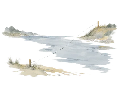 川岸の二つの位置と流れを淡い線で分ける移転史の概念画。旧要塞の形や当時の住居・衣装・正確な距離を再現していません
