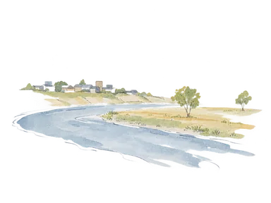 幅広い川の流れと低い段丘上の小さな街並みを表す地理の概念画。レナ川の実際の河道・港・市街配置の地図ではありません