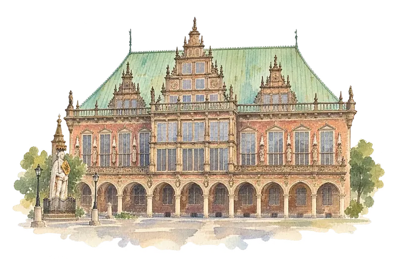 Town Hall and Roland on the Marketplace of Bremenの水彩スケッチ