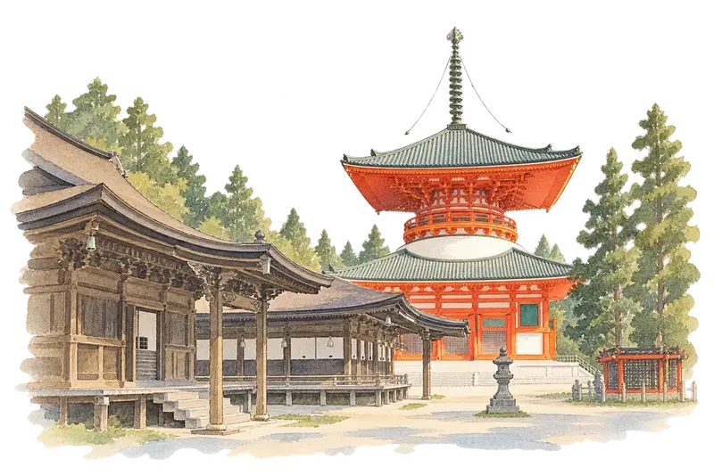 Sacred Sites and Pilgrimage Routes in the Kii Mountain Rangeの水彩スケッチ