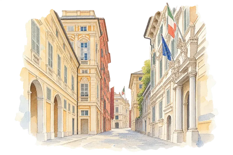 Genoa: Le Strade Nuove and the system of the Palazzi dei Rolliの水彩スケッチ