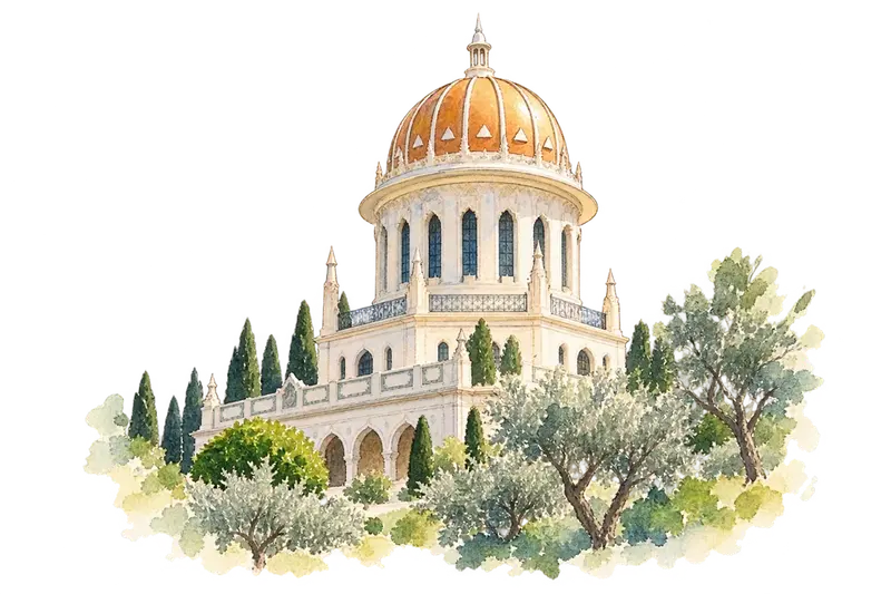 Bahá’i Holy Places in Haifa and the Western Galileeの水彩スケッチ