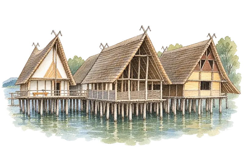 Prehistoric Pile Dwellings around the Alpsの水彩スケッチ
