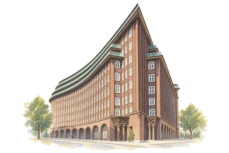 Speicherstadt and Kontorhaus District with Chilehausの水彩スケッチ