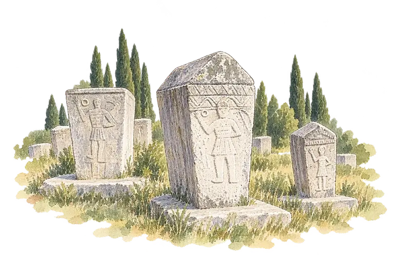 Stećci Medieval Tombstone Graveyardsの水彩スケッチ