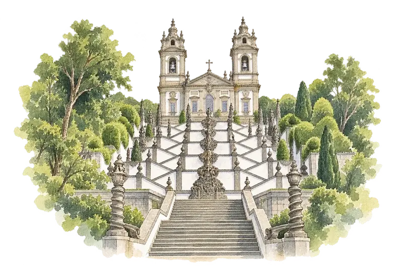 Sanctuary of Bom Jesus do Monte in Bragaの水彩スケッチ