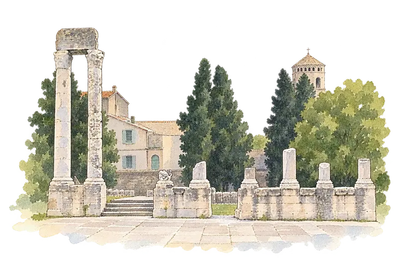 Arles, Roman and Romanesque Monumentsの水彩スケッチ