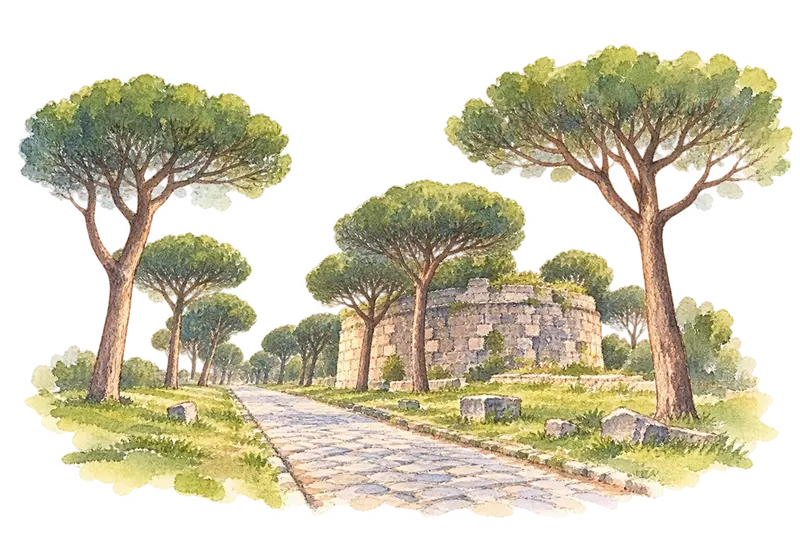 Via Appia. Regina Viarumの水彩スケッチ