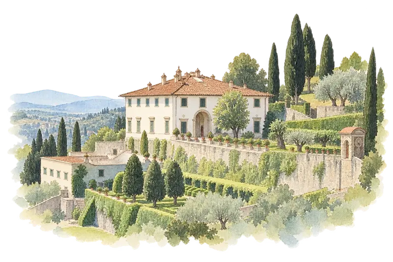 Medici Villas and Gardens in Tuscanyの水彩スケッチ