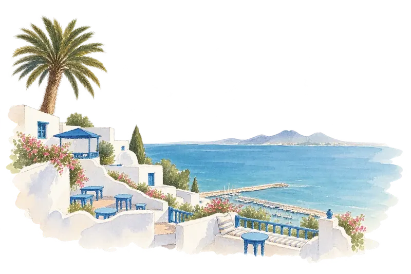 Village of Sidi Bou Saïdの水彩スケッチ