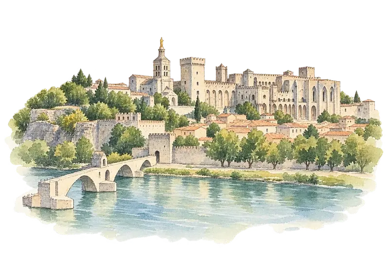 Historic Centre of Avignon: Papal Palace, Episcopal Ensemble and Avignon Bridgeの水彩スケッチ