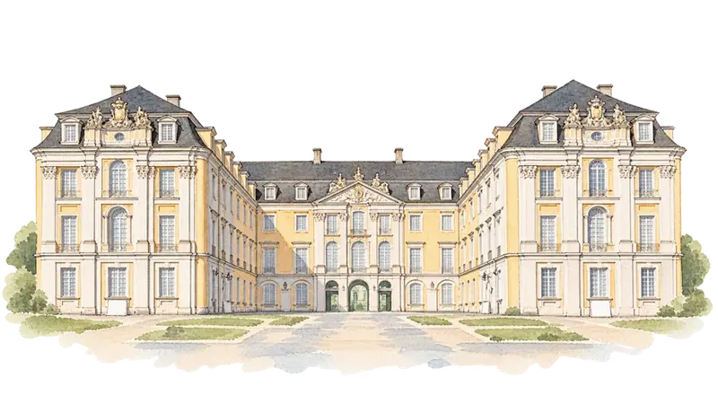 Castles of Augustusburg and Falkenlust at Brühlの水彩スケッチ