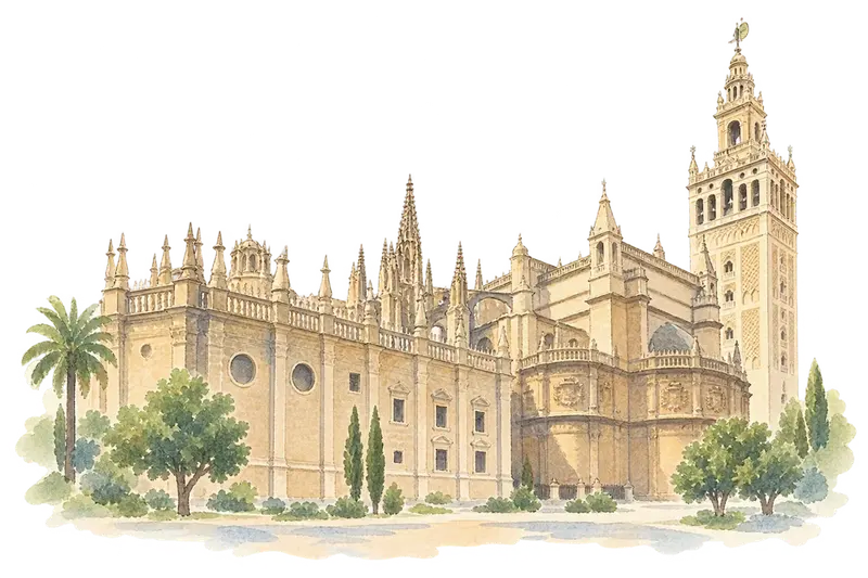 Cathedral, Alcázar and Archivo de Indias in Sevilleの水彩スケッチ
