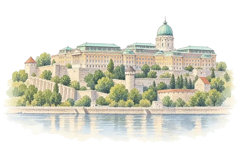 Budapest, including the Banks of the Danube, the Buda Castle Quarter and Andrássy Avenueの水彩スケッチ